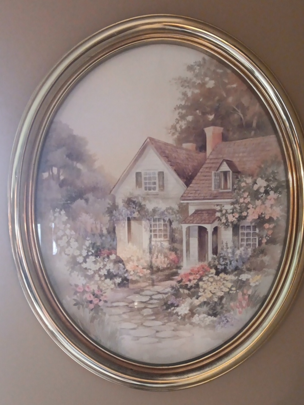 Vintage Country Cottage Art Print With Oval Gold Frame. 21 1/2"H x 17 1/2"W